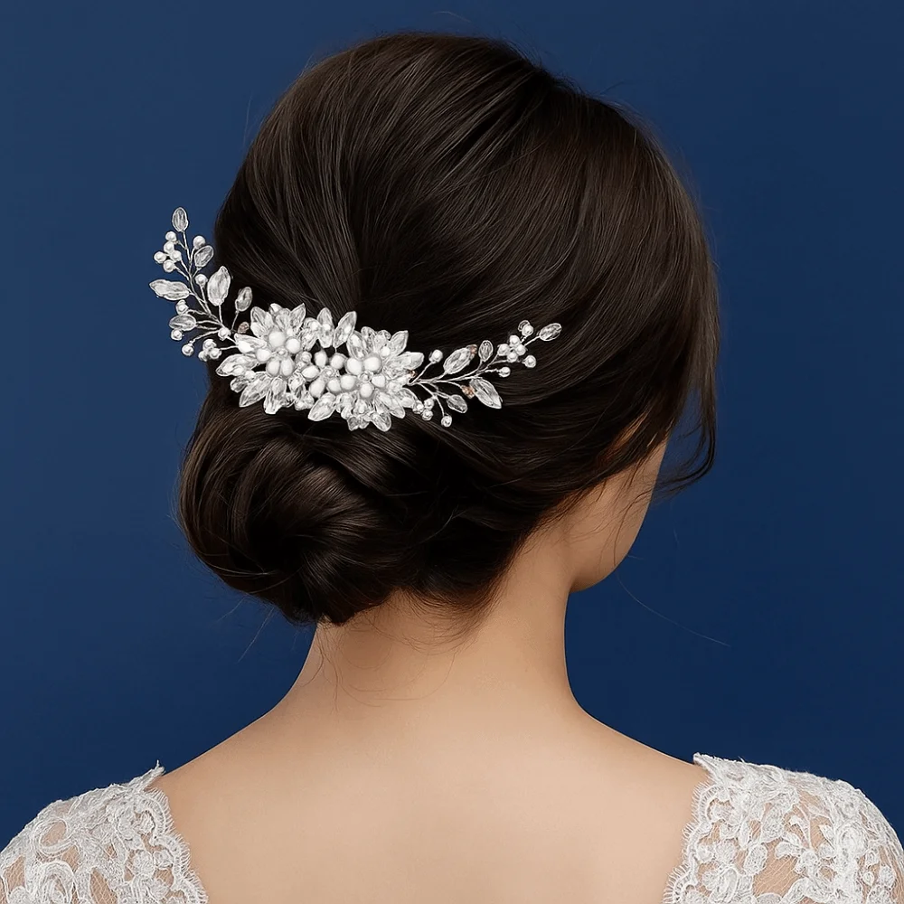 Creative Alloy Pearl Hair Combs Flower Hand Woven Bridal Headpiece Sparkling Jewelry Rhinestone Hairpin Festival