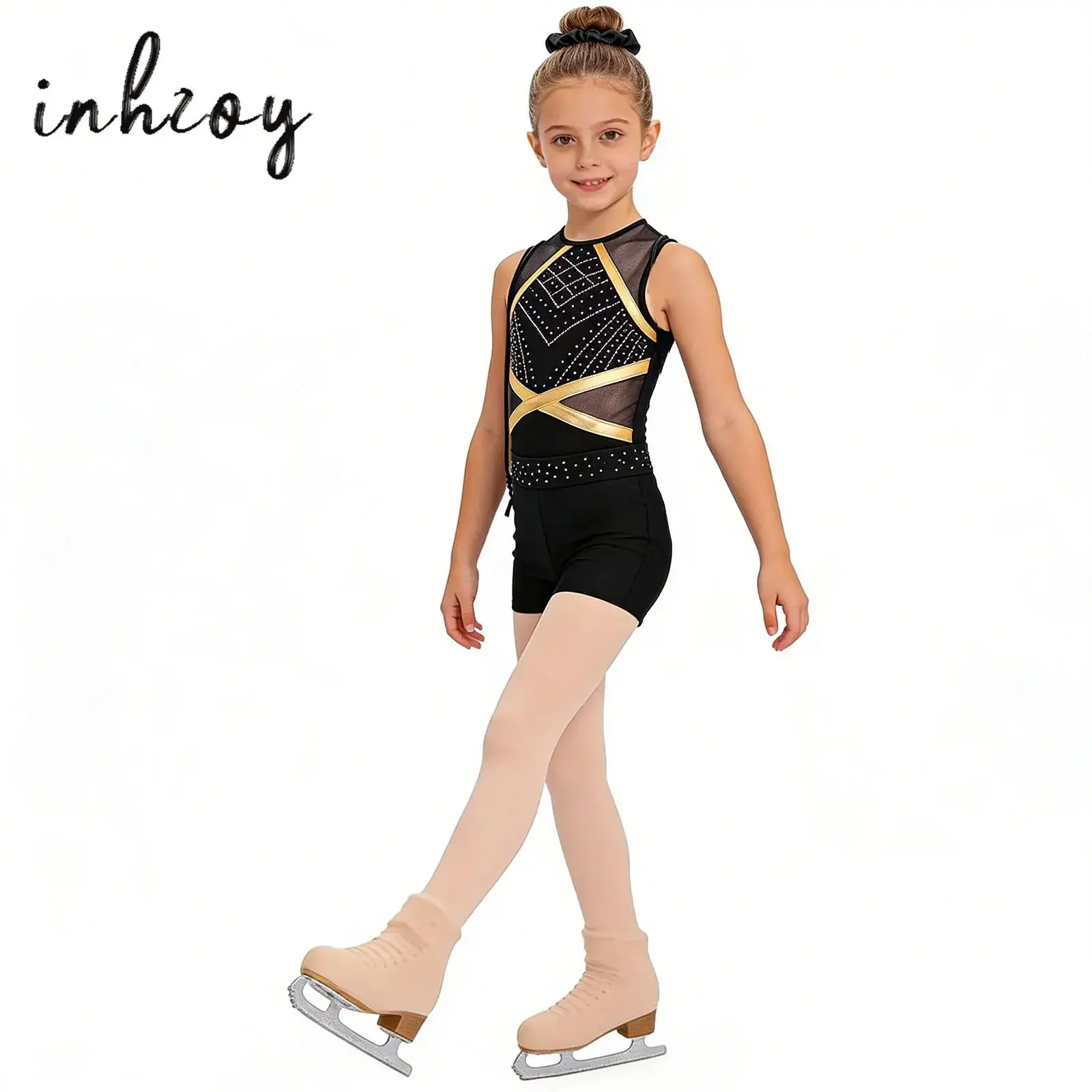 

Kids Girls Ballet Dance Outfits Acrobatics Rhythmic Gymnastic Leotard+Shorts+Bag+Hairband Set Figure Skating Bodysuit Dance Suit