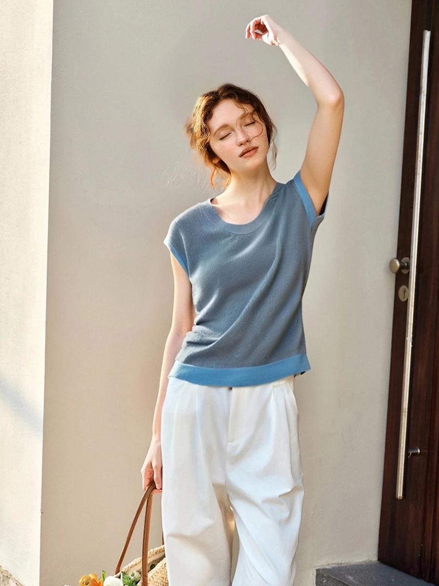 OLrain-suéter de punto informal para mujer, Top de punto con cuello en V, Color contrastante, gorra gris, jerséis, ropa para mujer O57XZ98193