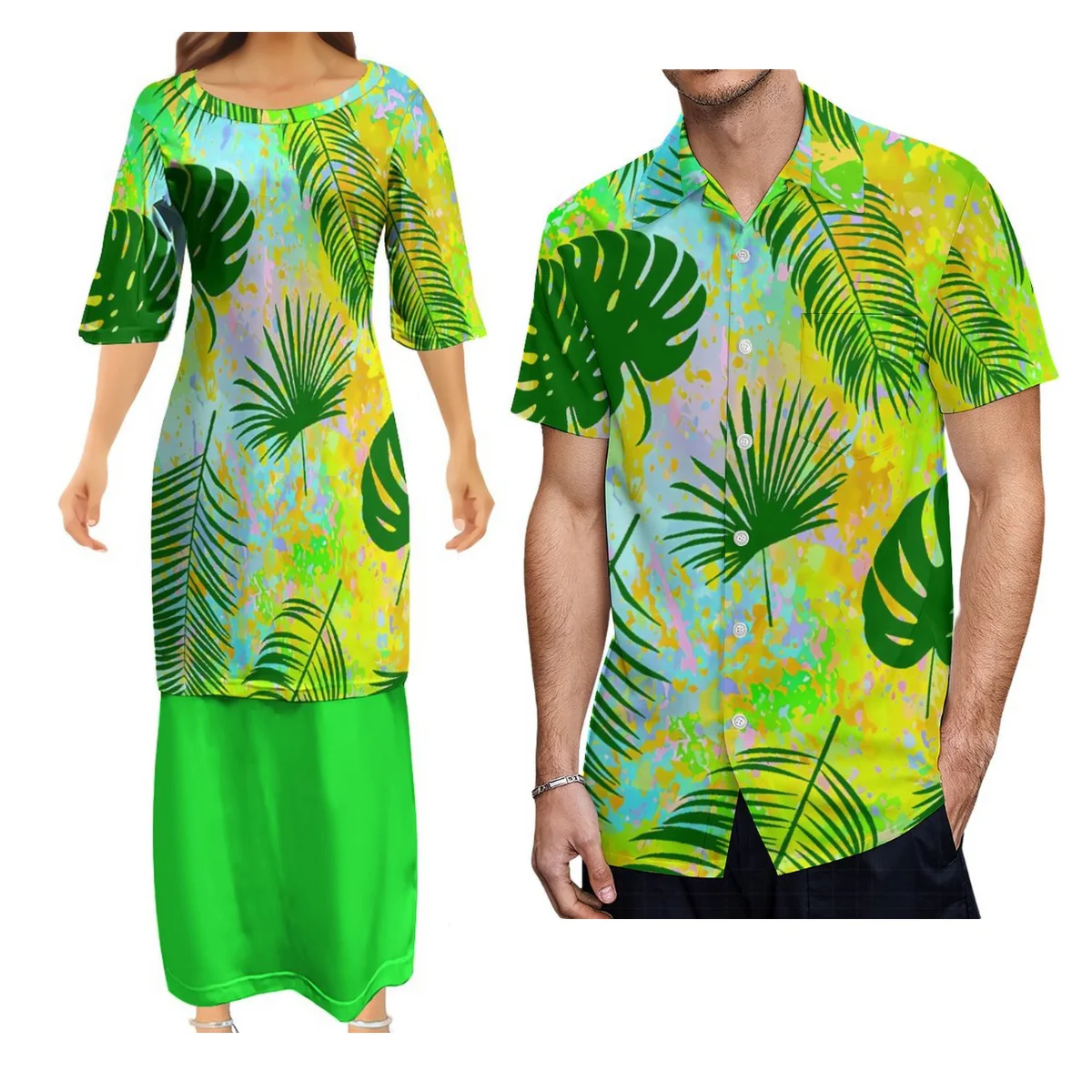 

2024 Custom Plus-Size Puletasi Dress Two-Piece Samoan Women'S Crew Neck Dress And Men'S Shirt Polynesian Couple Suit