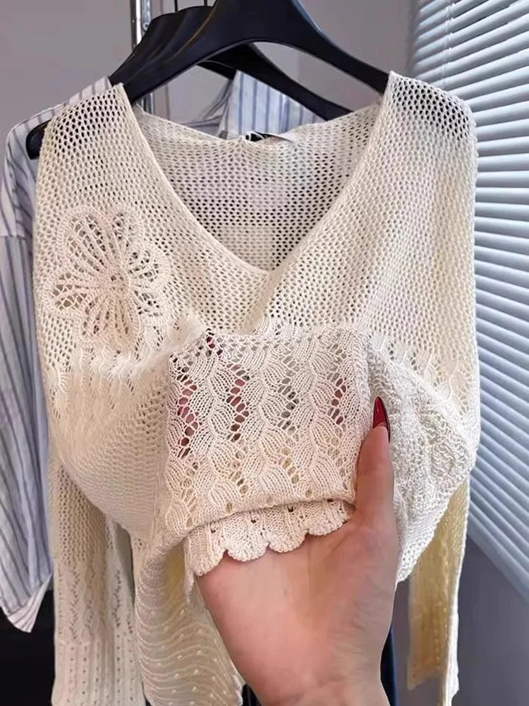 Top da donna alla moda lungo Sve lavorato a maglia scavato ricamato sciolto comodo casual Sle V-Ne primavera autunno Faion