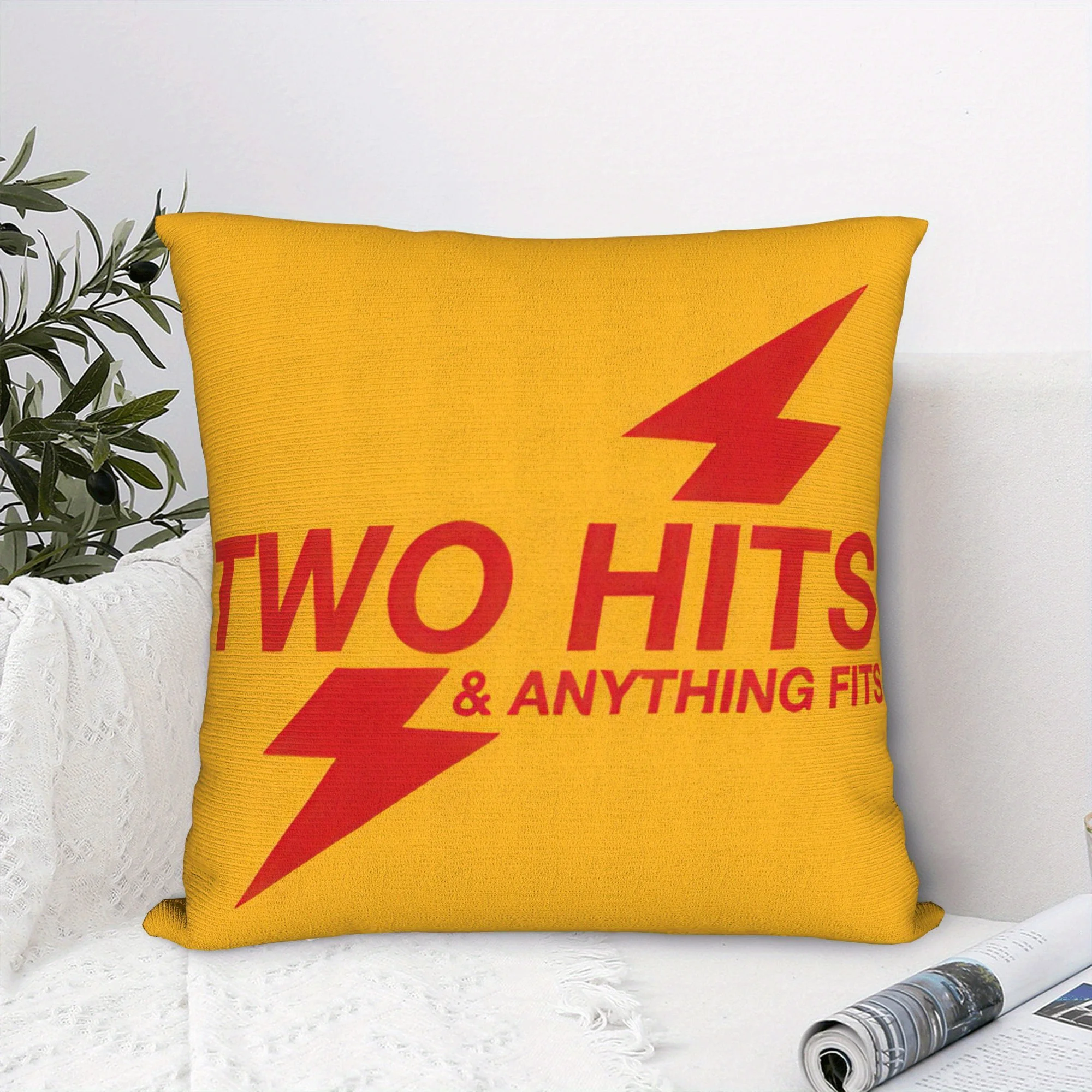 Yellow Vintage Two Hits Pillow Case, Retro Lightning Bolt Cushion Cover, Funny Slogan Decor for Sofa Bedroom Living Room