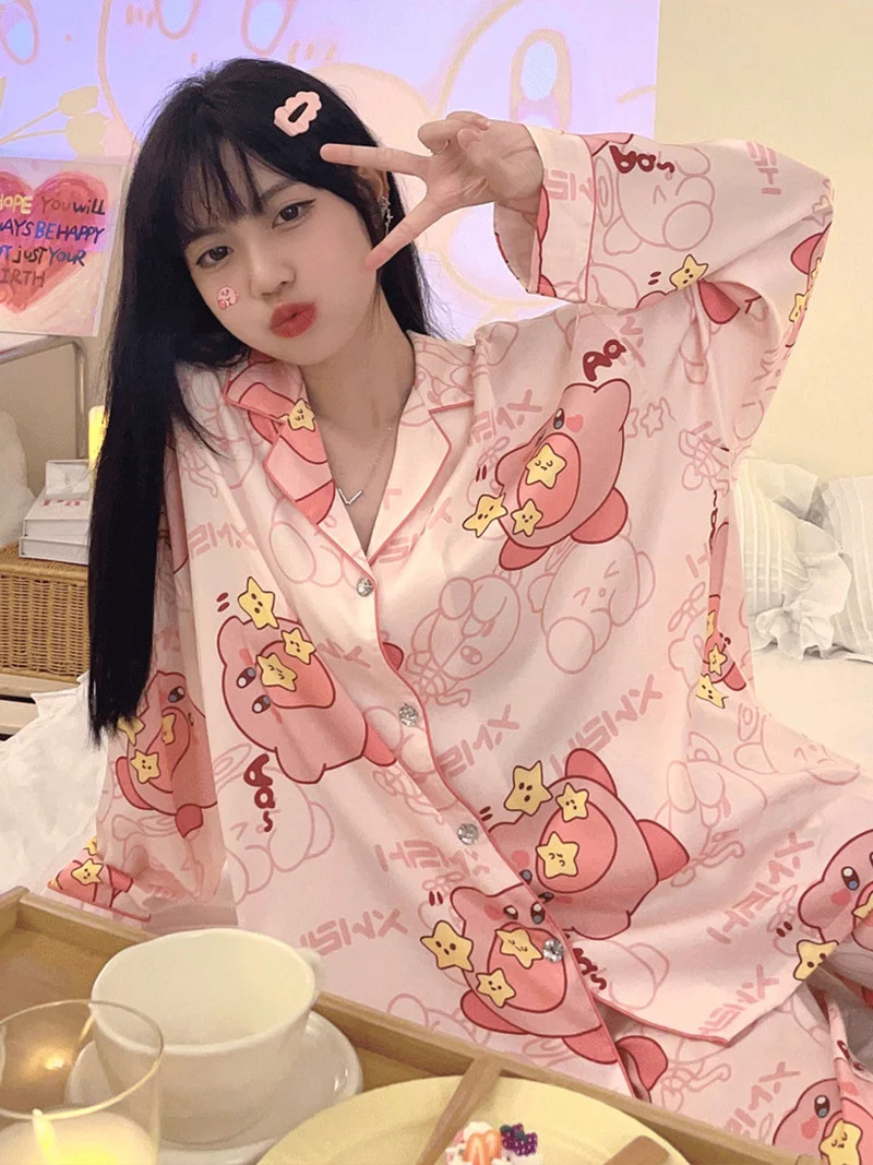 2023 New Kirby Cartoon Girls\' Pajamas Spring And Autumn Ice Silk Long Sleeve Home Wear Cute Thin Soft Pajamas Set Christmas Gift