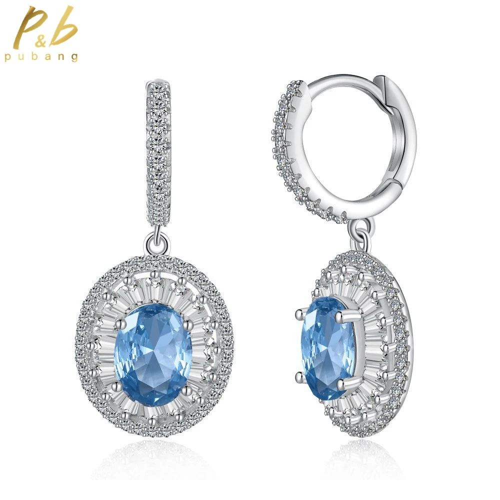 

PuBang Fine Jewelry Blue Gemstone Stud Earrings 100% 925 Sterling Silver Created Moissanite for Women Wedding Gift Free Shipping