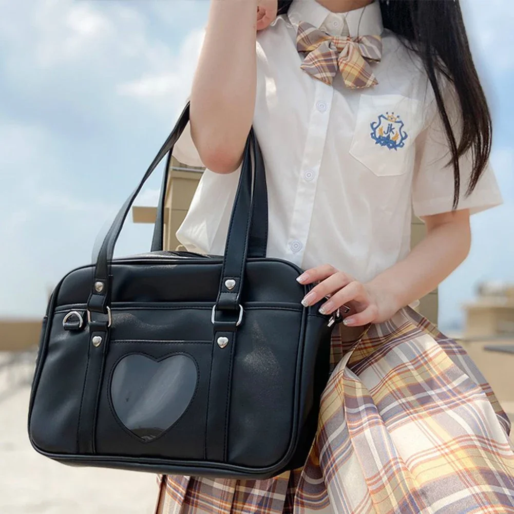 Japanese Student Bag PU Leather Schoolbag Large Capacity Shoulder Bag Lolita Heart JK Uniform Bag Cosplay Anime Handbags Tote