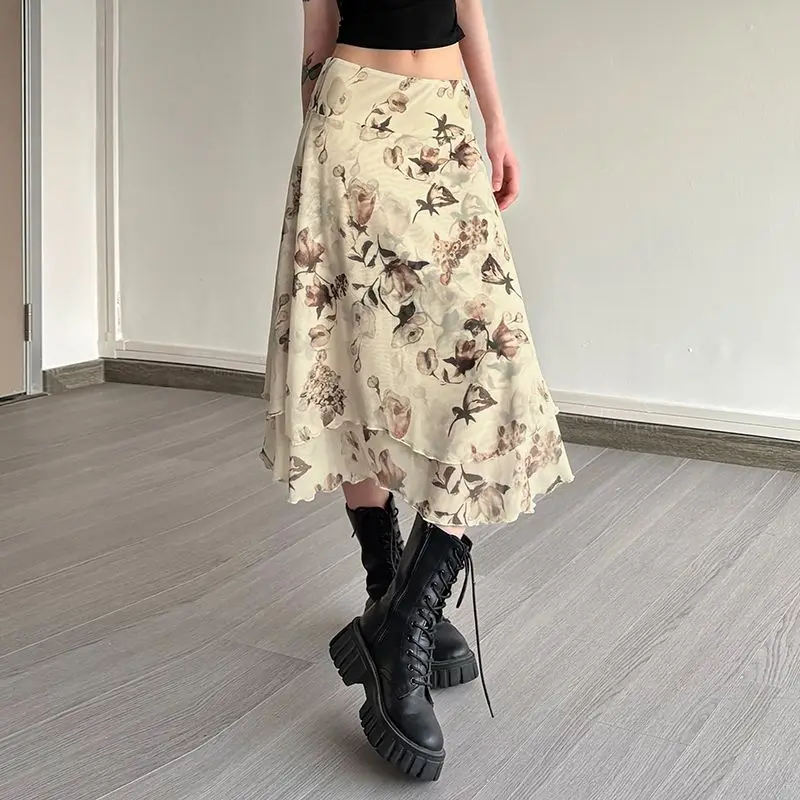 レディースファッション プリントミルクシルクスカート ローウエスト スリミング ホットガール ミッドレングス