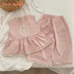 Bear Leader 3-7Y Summer Pink Girls Casual Clothing Sets Sleeveless Lace Stand Up Collar Top + Pants Two Piece Suit Kids Clothes