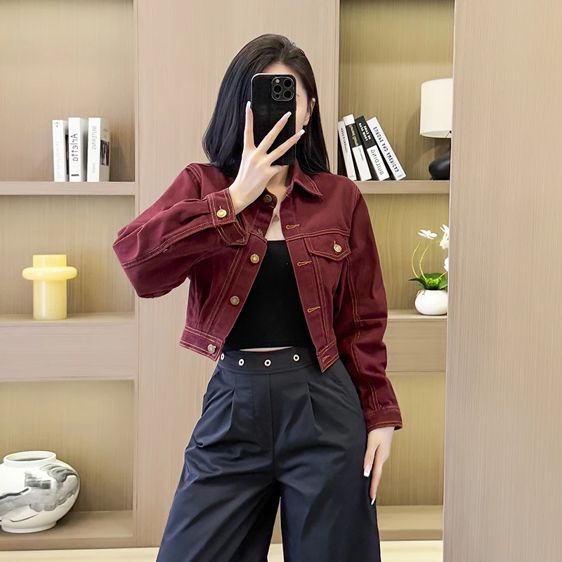 Women's Loose Casual Red Denim Short Jacket Autumn Design Sensation American Style High Waist Type Cotton Polyester Blend