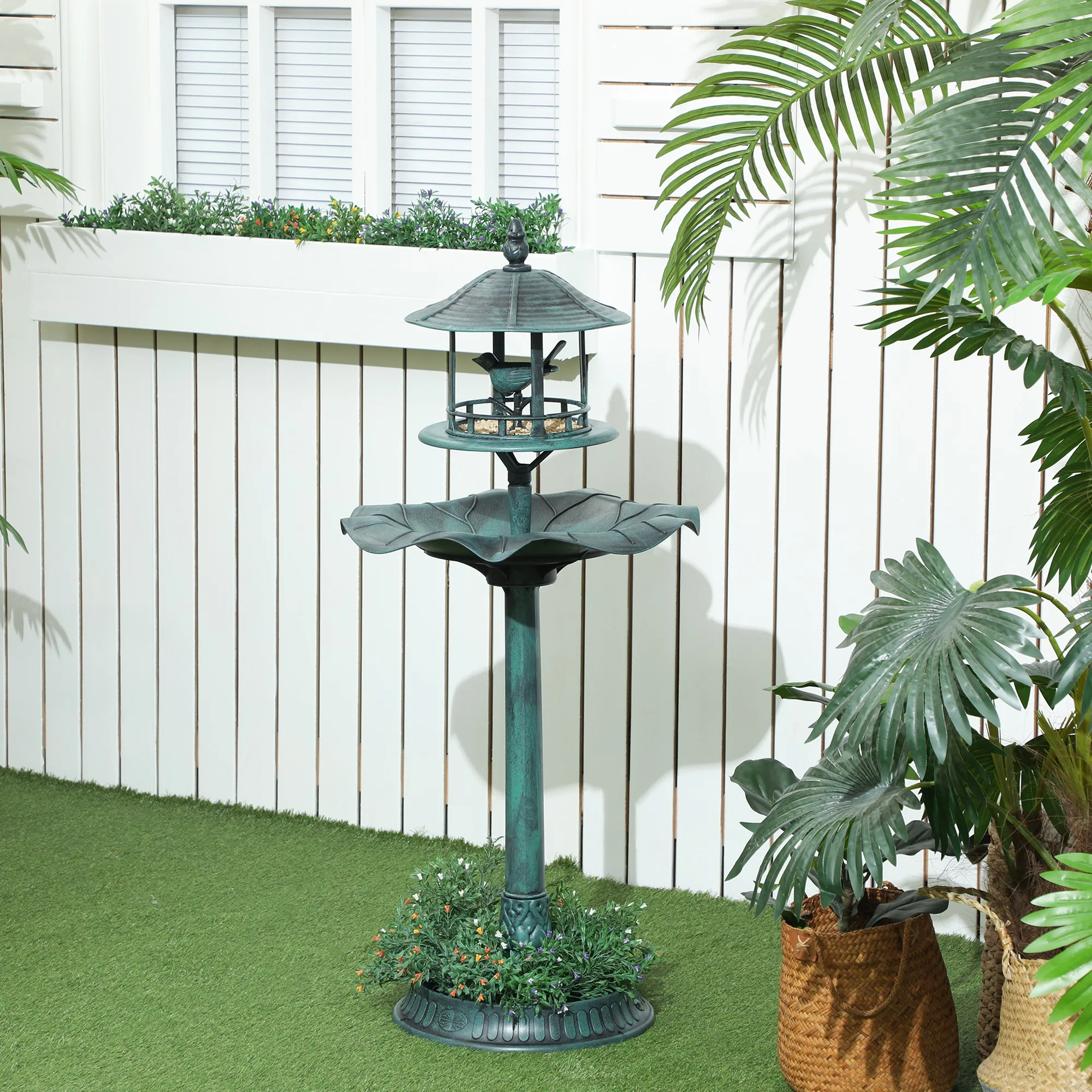 3-in-1 Outdoor Pedestal Bird Bath Garden Décor Feeder Planter Resin Freestanding