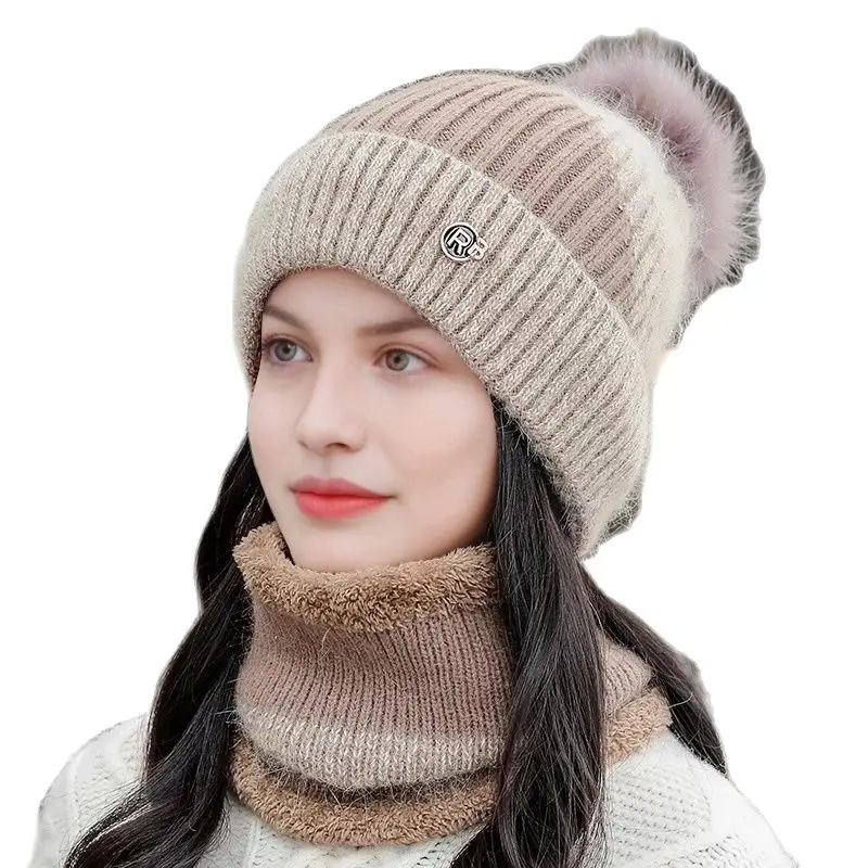 AliExpress NONE 2PCS Women Winter Knitted Hat and Scarf Set Cute Thickened Warm Ski Hat Cycling Windproof Neckerchief Ear-protective Knitted Cap