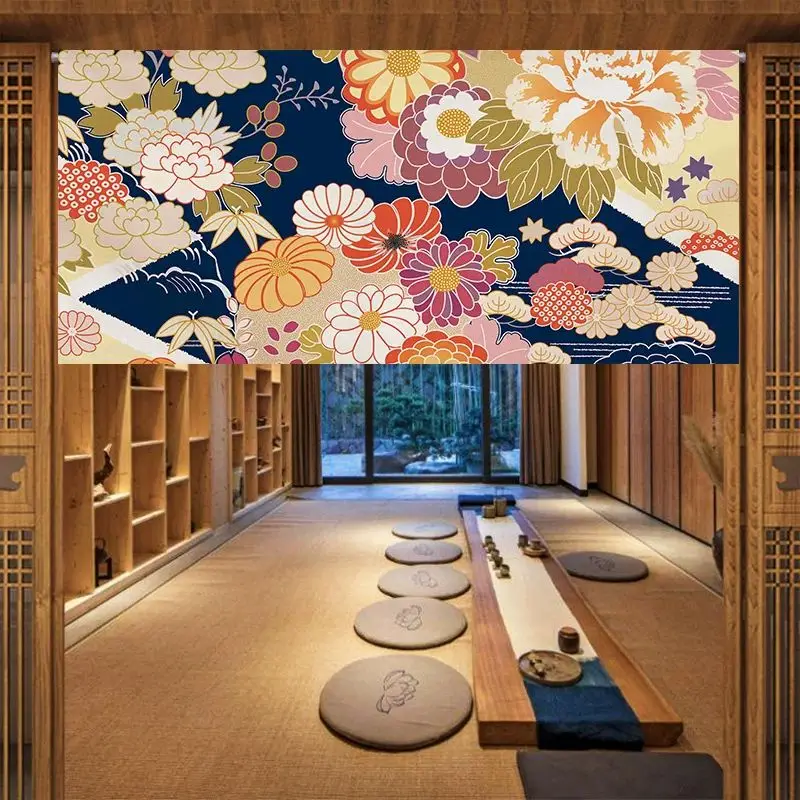 VIKAMA Green Waves Chrysanthemum Noren Curtain for Doorway Japanese Style Room Divider Traditional Zen Aesthetic Decor