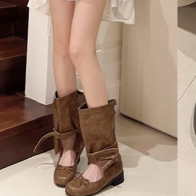 Botas planas retrô de cor sólida para mulheres, cabeça redonda, botas de vaqueiro ocidentais, desfile de moda casual, novo, outono, 2022