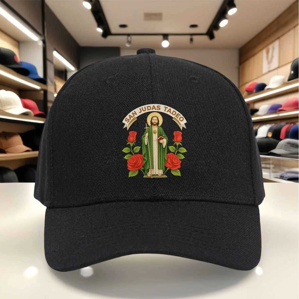 San Judas Tadeo Design Baseball Cap - Religious Cap with Saint Figure And Roses Pattern - Adjustable Comfortable Headwear