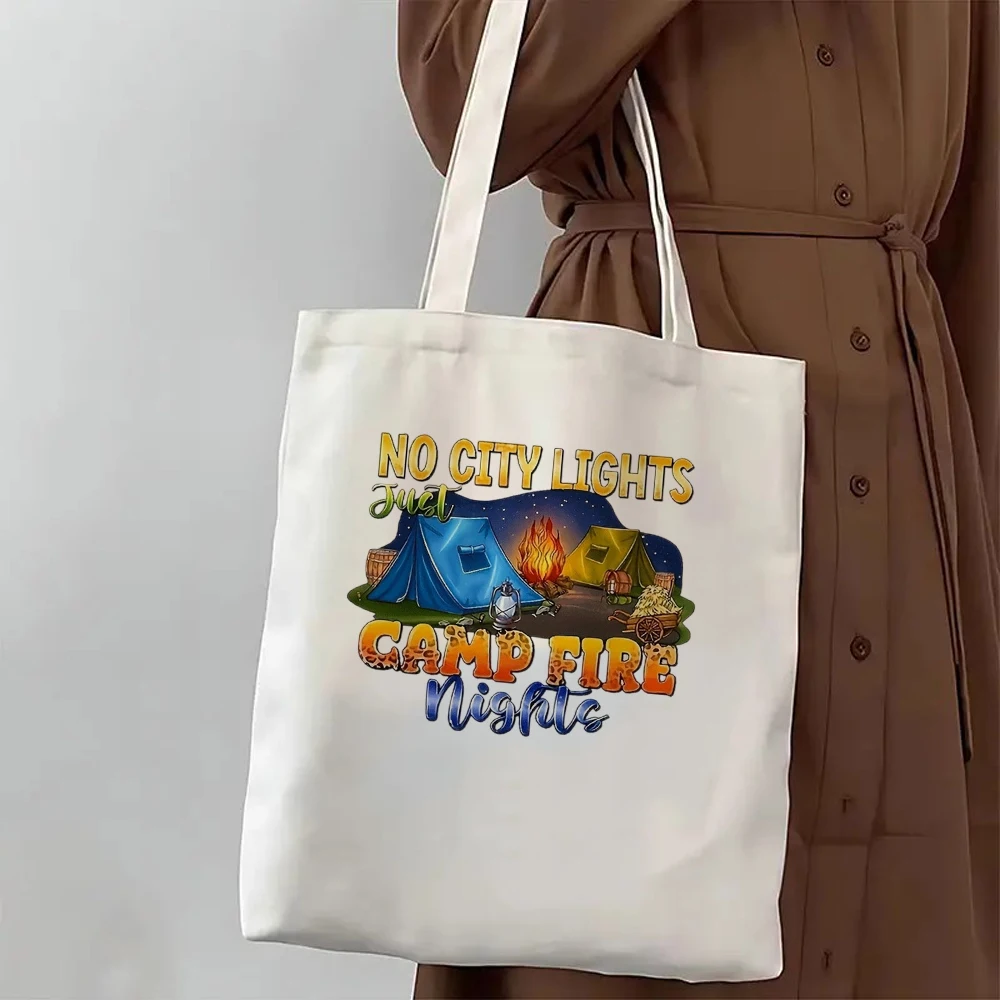 Camp Fire Nights Canvas Tote Bag Camping Adventure Eco Friendly Reusable Shopping Shoulder Bags Large Handbag for Women