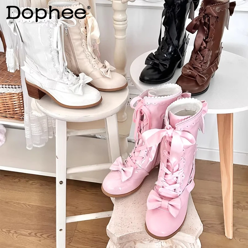 

Оригинальные женские сапоги до середины икры, осенне-зимние элегантные сапоги Лолиты на шнуровке с милым бантом для девочек, 2025 г.