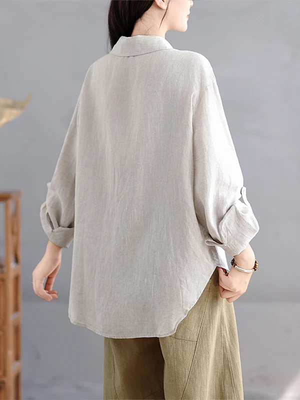 Colletto retrò Lungo Sve Cotone Lino irt Donna Autunno Pendolarismo Allentato Casual Bottone Roll up Sve irt Top