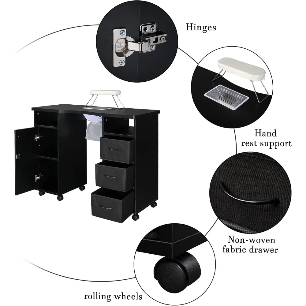 طاولة مانيكير للأظافر، خزانة مزدوجة 3 أدراج، 1 باب محطة مكتب أظافر لصالونات التجميل المنزلية والمنتجعات الصحية مع مجمع الغبار والمعصم #4
