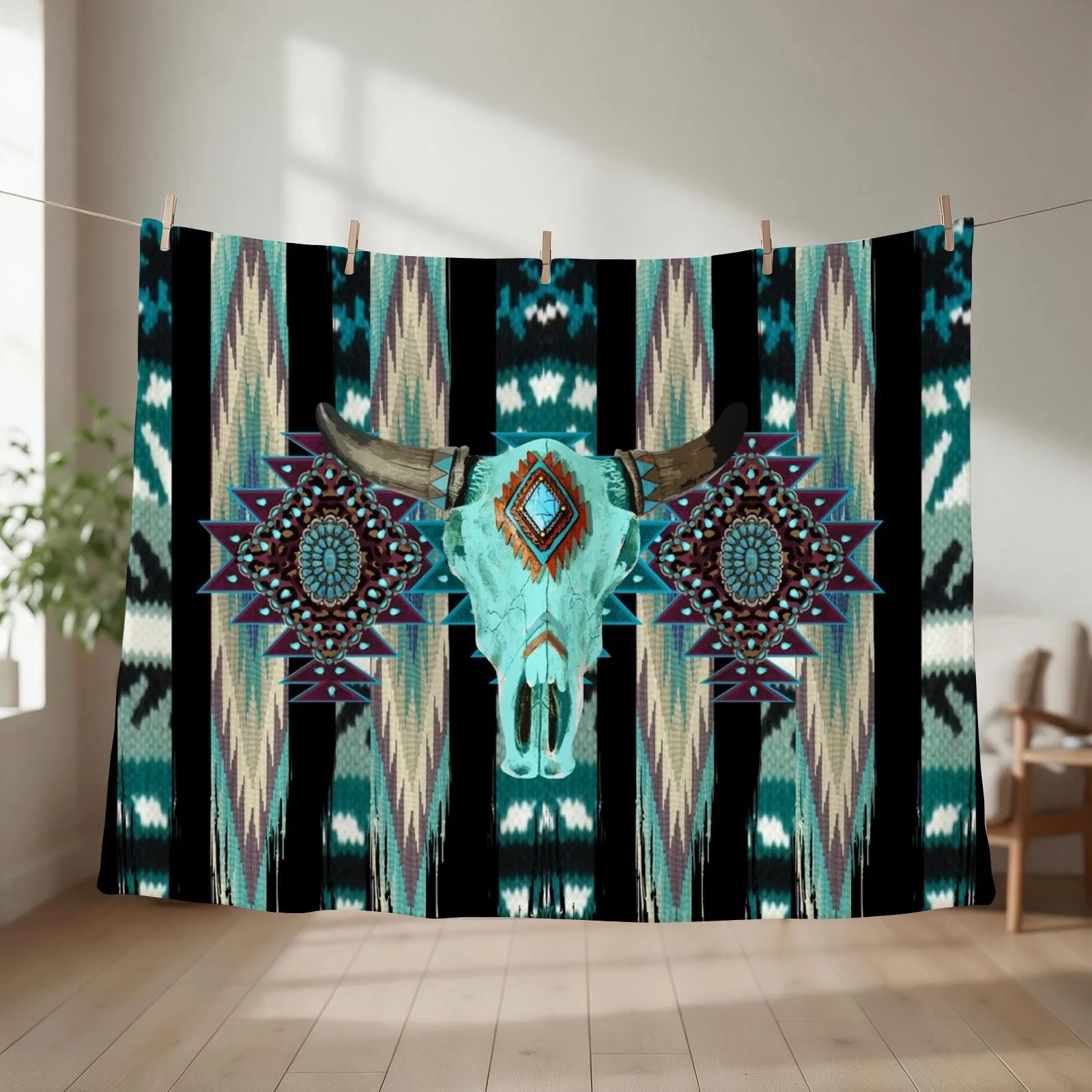Tribal Design With Cow Scull - Turquois, Blue And Purple Brush Strokes Throw Blanket