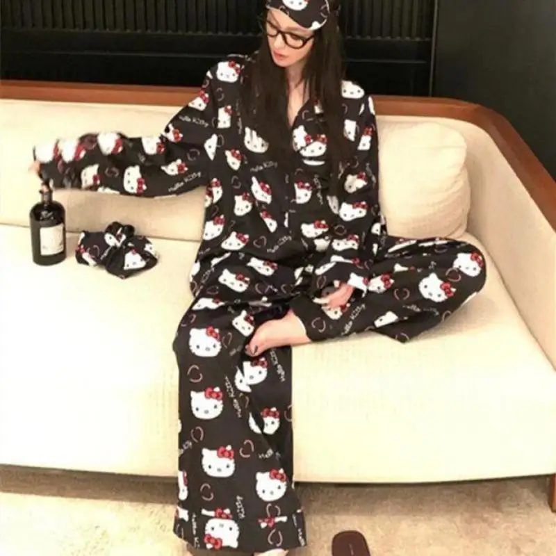 

Горячий Miniso Girl Leisure Пижамный костюм с длинными рукавами Kawaii Hello Kitty Аниме Модная весенняя сексуальная одежда It Outside Leisure Wear New