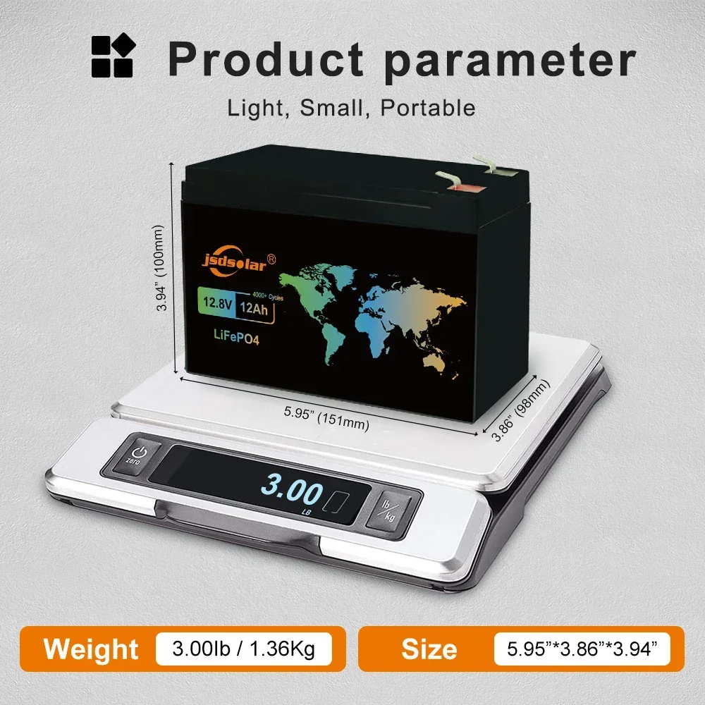 Jsdsolar New  LiFePO4 Battery 12V 12Ah Built-in BMS Lithium Iron Phosphate Battery for Emergency Power Supply Motorhomes Boats
