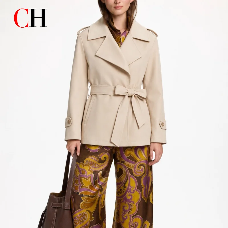 CH Women Slim Structured Short Trench Outerwear Wide Peak Collar Self Fabric Tie Belt Business Office Date Night Layer Jacket