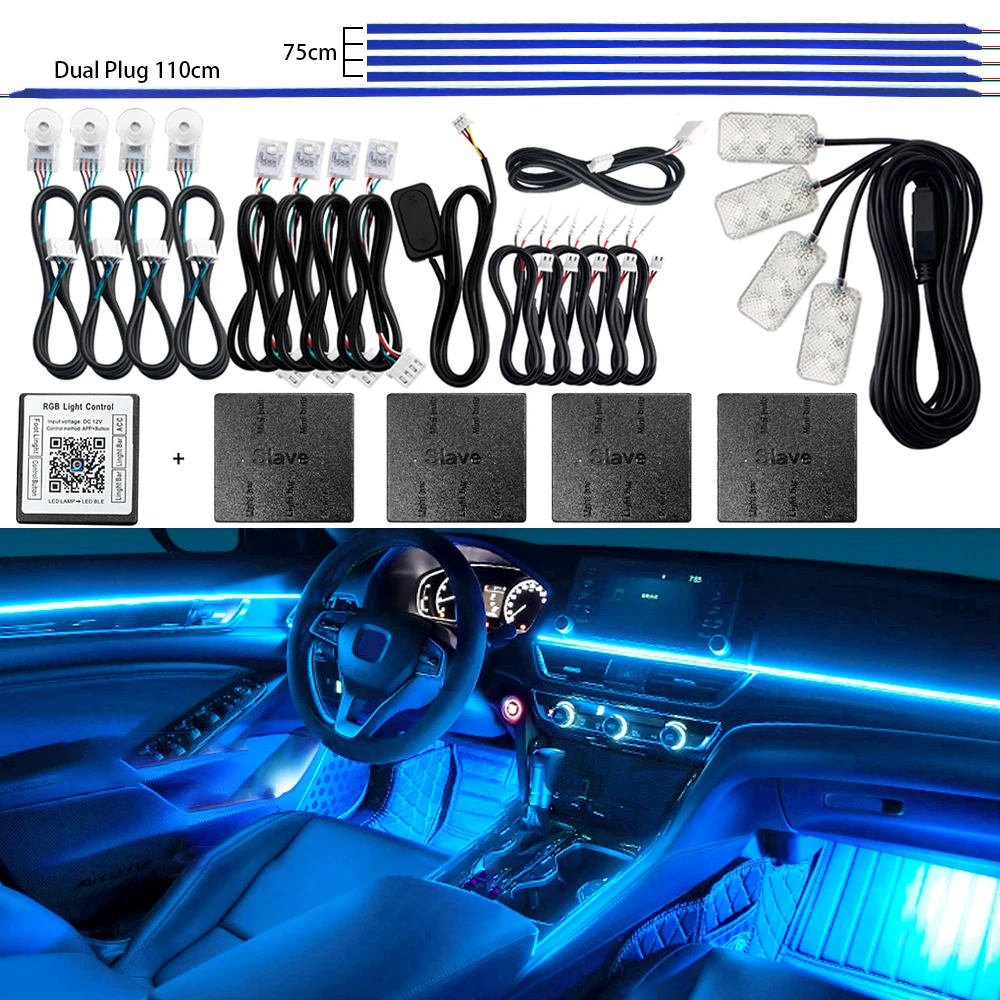 18 in 1 RGB LED Car Ambient Light Universal Interior 64 Color Hidden Acrylic Strip Decoration Atmosphere Light With App Control