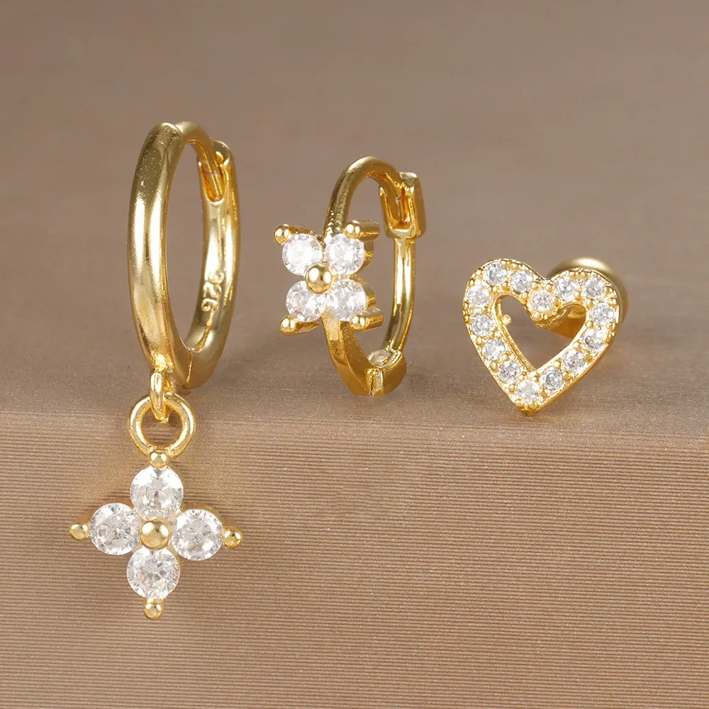 3Pcs/Set Four Leaf Flower Tragus Earring Set Crystal Huggie Earrings Bulk Cartilage Piercing Helix Jewelry Hoop Earring Lots