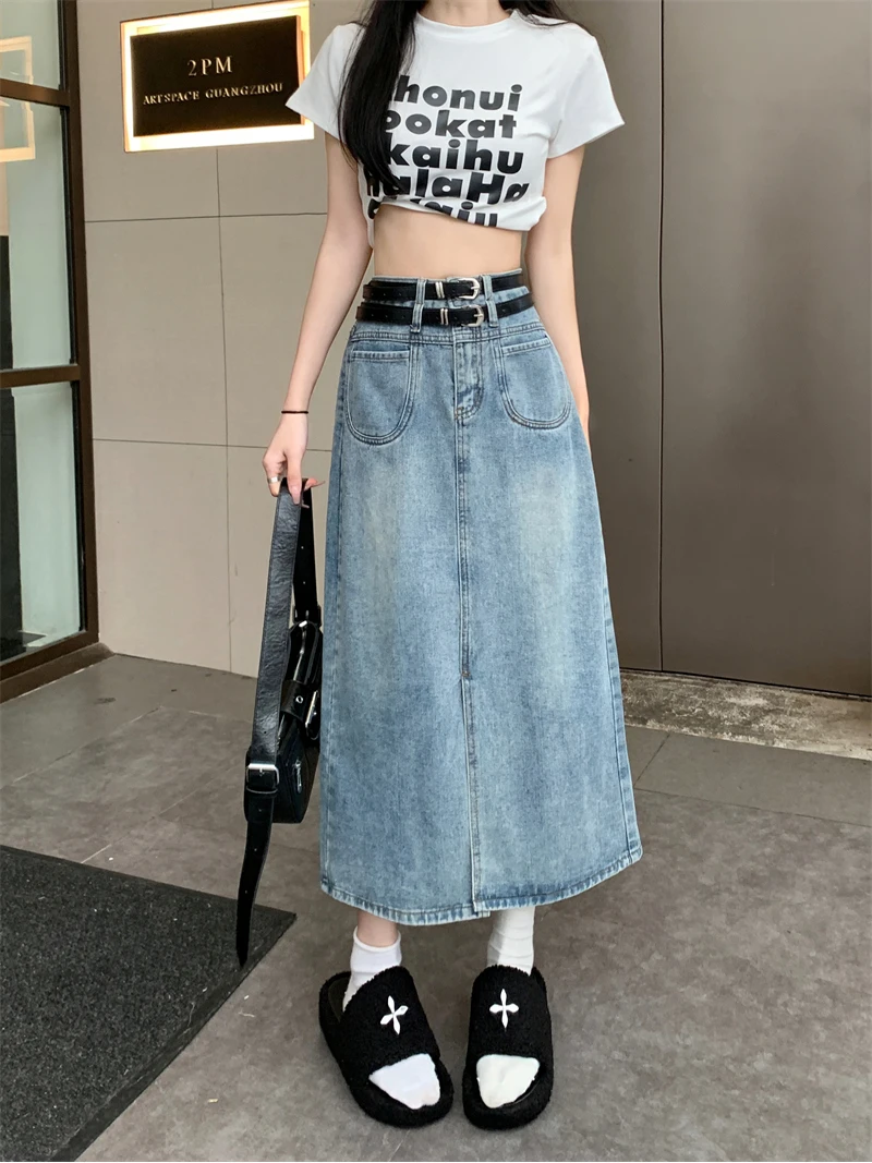 

Spring Summer Vintage Loose Split Double Belt Design Denim A-Line High Waist Solid Color Distressed Office Ladies Simple Skirt
