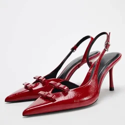 Pointed Toe Weddings Bridal Women High Heels Shoes Brand Designer Female Party Stiletto Classic Bow Red Ladies Slingback Pumps