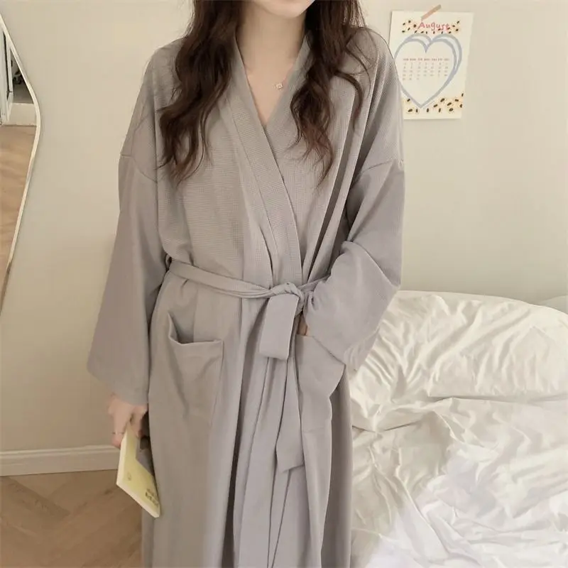 Soid Color Robe for Women with Belt Sleepwear Nightdress Autumn Night Wears Pocket Pajama Casual Homewear Bathrobe Japanese 2023