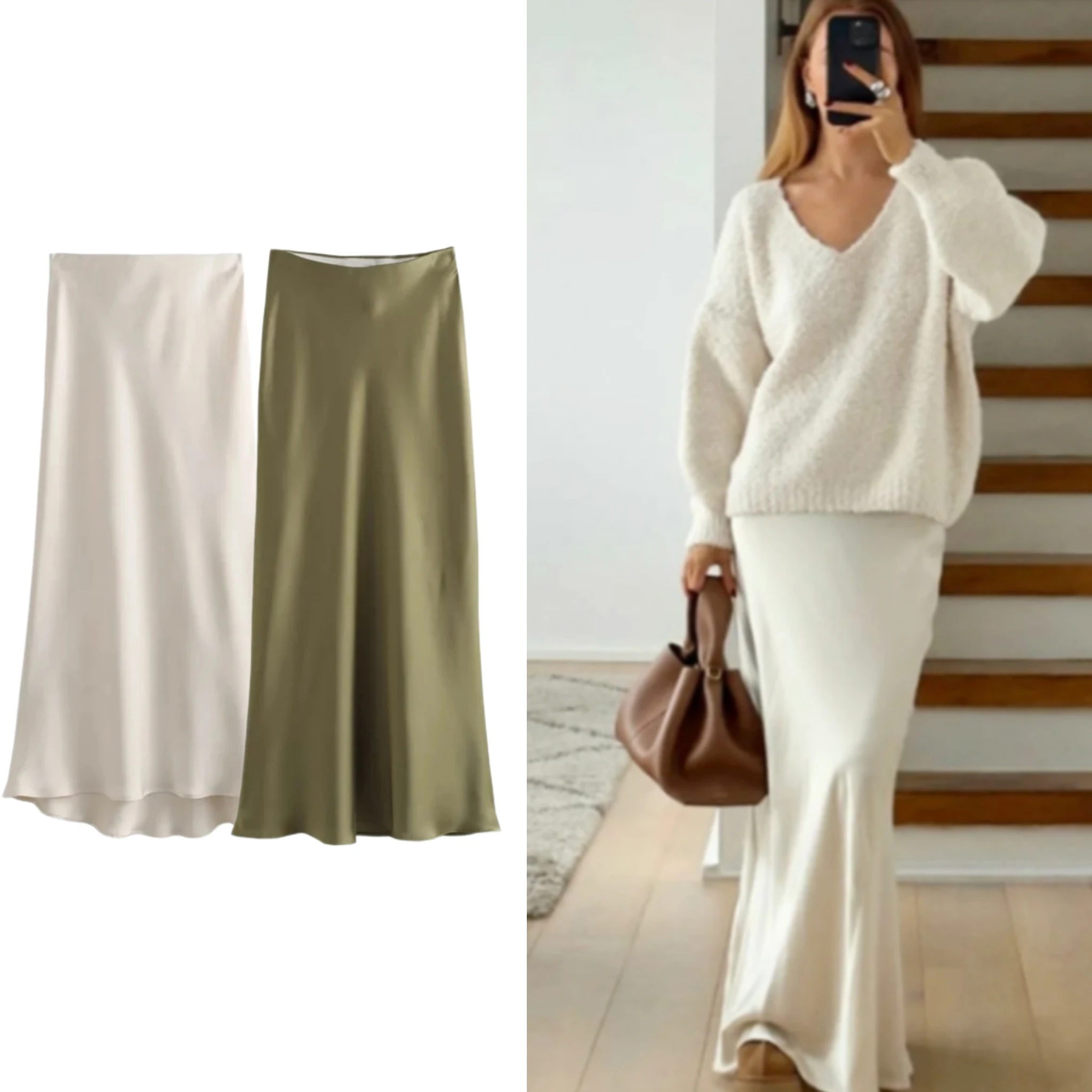 

2025 New Women Satin army green Skirt Women High Waist Long Skirts for Women Summer White Midi Skirt Office Elegant Daily Banque