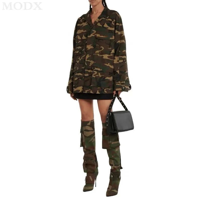 Street Style Camouflage Trouser Boots 2024 New Fashion Pocket Buttons Design Pointed Toe Stiletto Boot Big Size Zapatos De Mujer