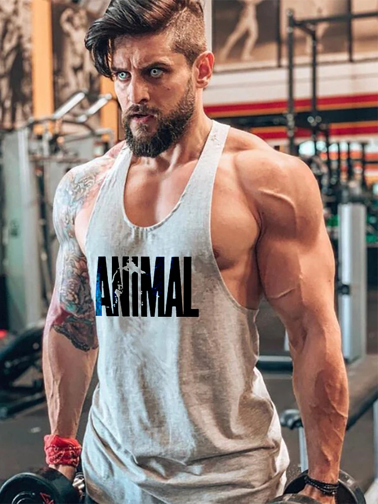 ANIMAL Letter Printed Gym Clothing Mens Bodybuilding Fitness Tank Top Cotton Raceback Stringer Singlets Workout Sleeveless Shirt