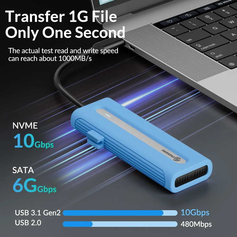 PHIXERO M2 SSD Case M.2 NVMe SATA SSD Enclosure Adapter 10Gbps USB 3.2 Gen2 USB C External Enclosure Supports M and B&M Keys