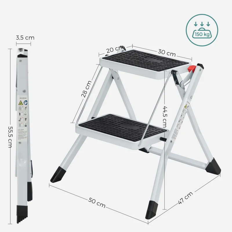 Folding step with 2 steps, stepladder, ladder, 20 cm wide steps, non-slip rubber mat, with carrying handle, loadable up