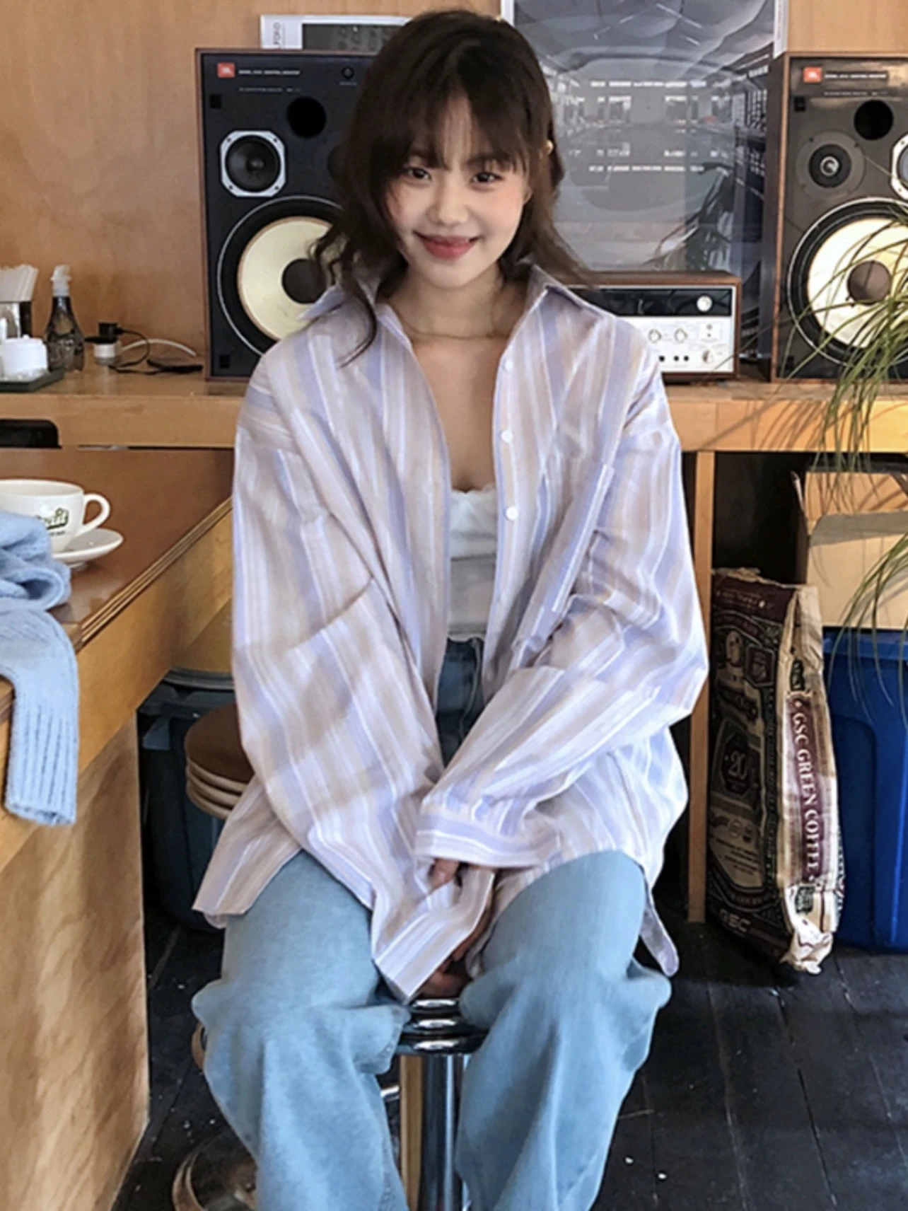 

Candy Miss Stylish Long Sleeve Striped Loose Sun Protection Shirt Button up Versatile Layering Women's Business Casual Shirt