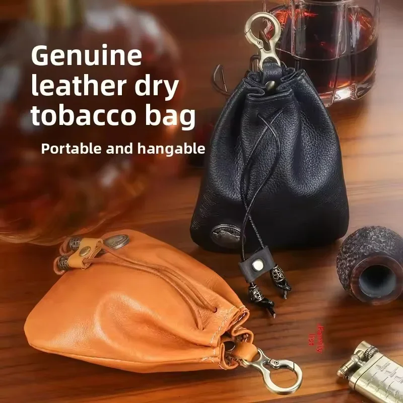 Retro Genuine Leather Drawstring Pouch Portable Oxhide Storage Bag Tobacco Case Coin Purse Key Wallet for Men and Women