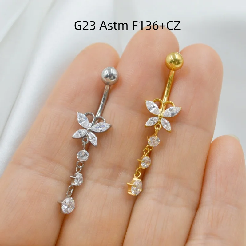10PCS Body Jewelry-G23 Titanium Astm F136 CZ Butterfly Navel Belly Button Body Piercing 14G Navel Curve Barbells Belly Rings New