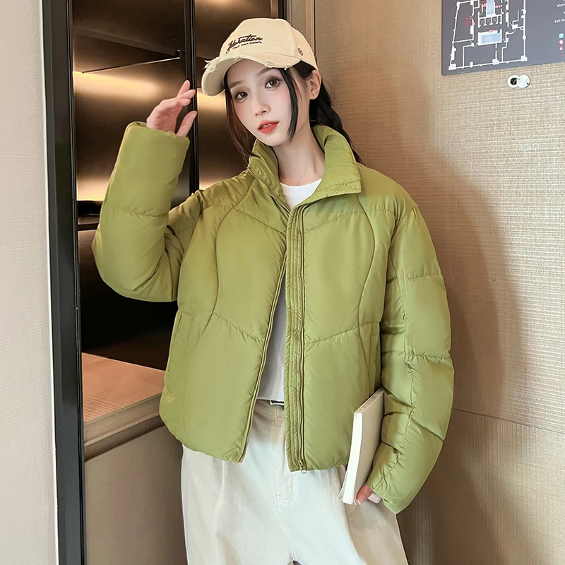 Fashion New Short Parka Coat 2025 Winter Cotton Padded Jackets Stand Collar Long Sleeve Thick Bread Clothes Solid Casual Outwear