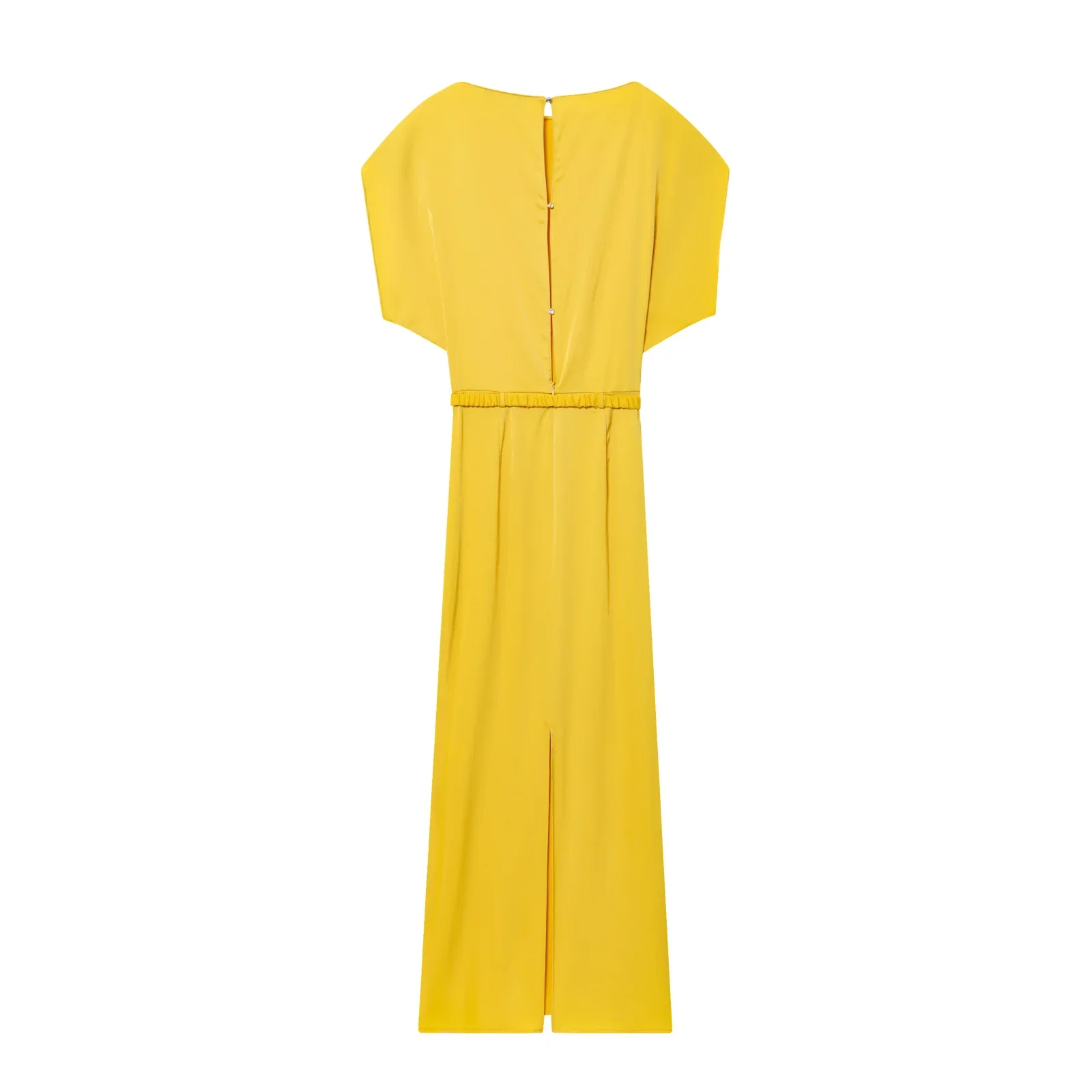 Robe texture satinée mode avec ceinture jupe longue femme jaune robe midi élégante sans manches nouveau style robe de soirée femme