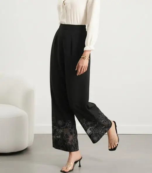 Women's Pants 2026 Spring Autumn New Solid Color Perspective Lace Splicing Elastic High Waist Casual Straight Pants