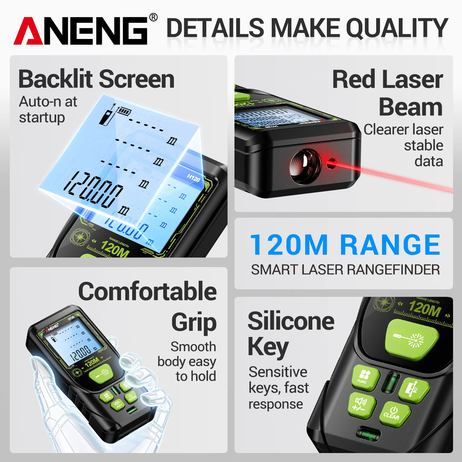 ANENG H120 120m Laser Rangefinder ±3mm Accuracy Dual Spirit‑Level Backlight Multi‑Unit ABS Handheld Construction Measuring Tool