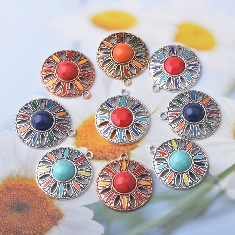 10pcs Bohemia Zinc Alloy round Enamel charms turquoise imitation Champagne Golden Earrings Pendant DIY Women's  Jewelry Making