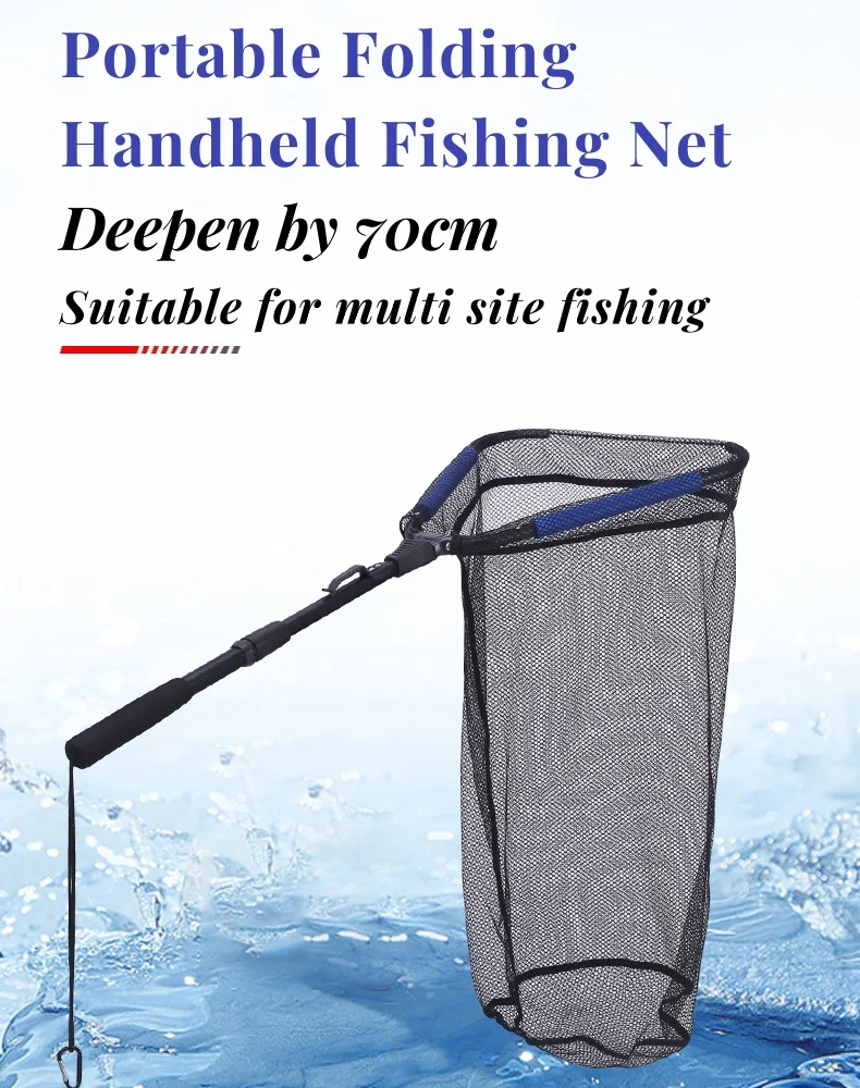 Portable Folding Fishing Net Deepen 70cm Handheld Fishing Mesh Ultra Light Aluminum Alloy Fishing Net For Bighead Bream Tilapias