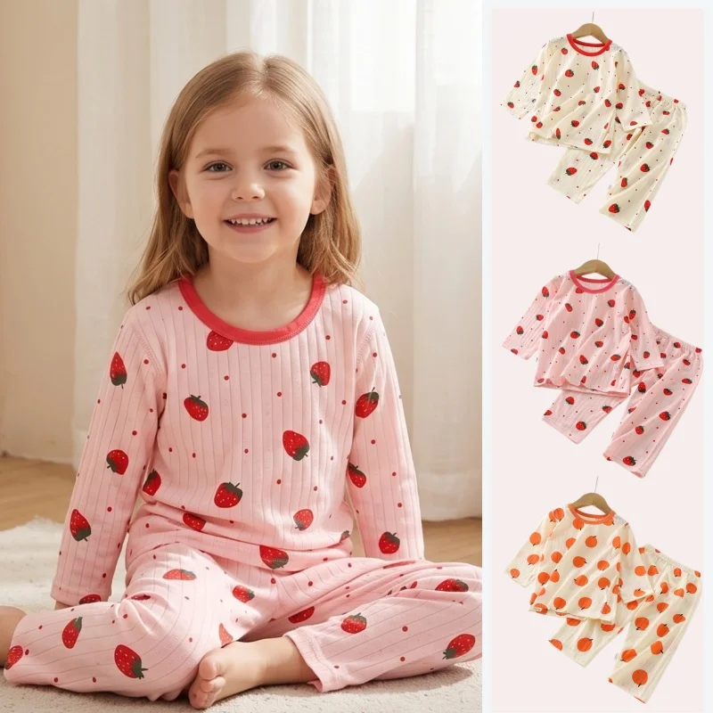 2-9Y Children Sleep Clothing Fruit Print Pajama 2Pcs Set Spring Long Sleeve Girls Suits Skin Friendly Kids Indoor Loungewear