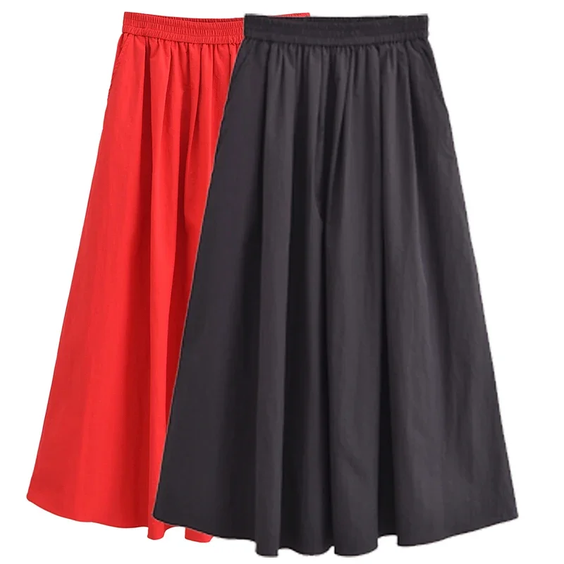 TRAF Women\'s Skirt Summer 2024 Pleated Solid Skirts Fashion Midi Poplin Red Black Mid Waist Skirt Elegant Long Skirts For Women