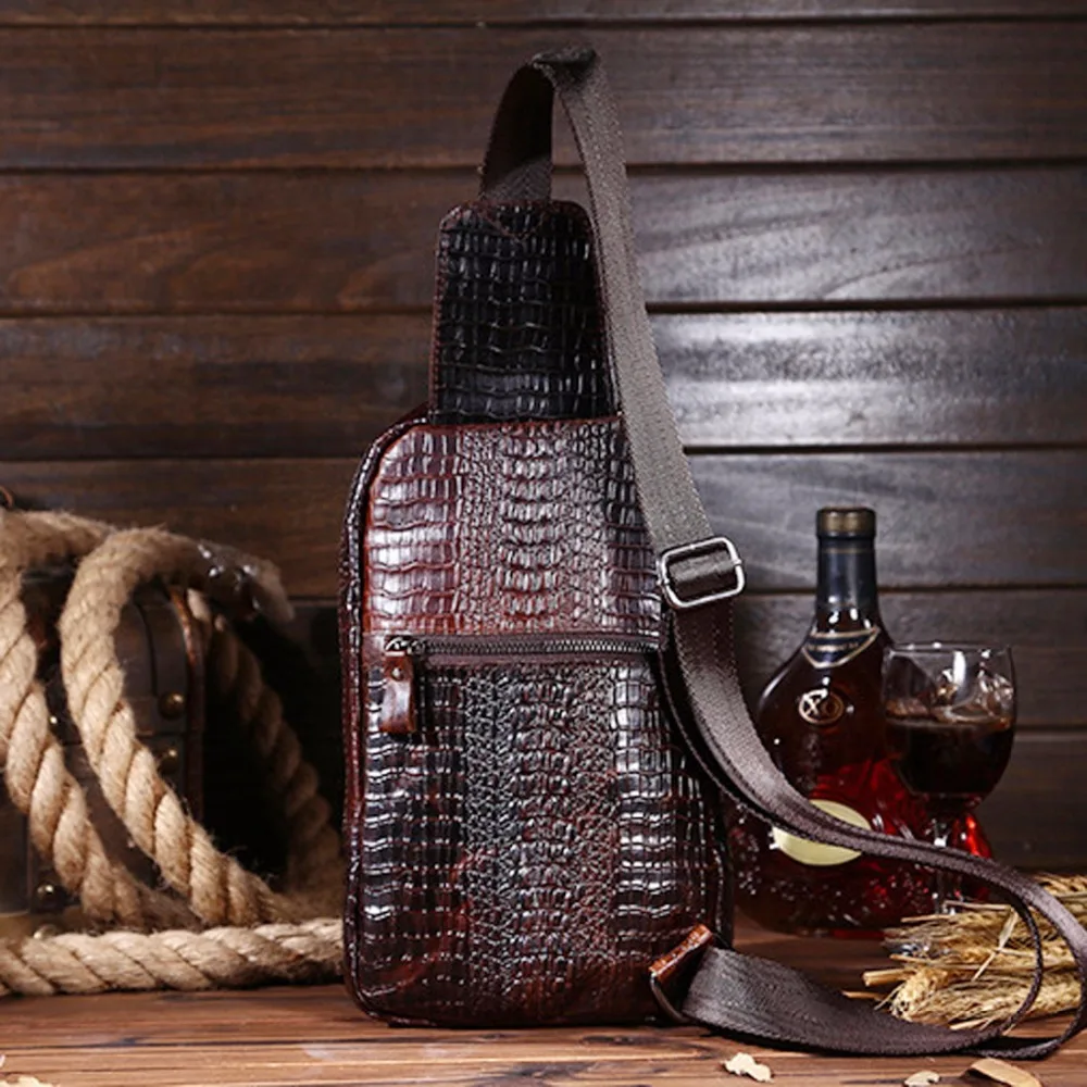 Men Cross body Shoulder Chest Bag Sling Backpack Genuine Leather Crocodile Pattern Real Cowhide Travel Male Side Messenger Bag