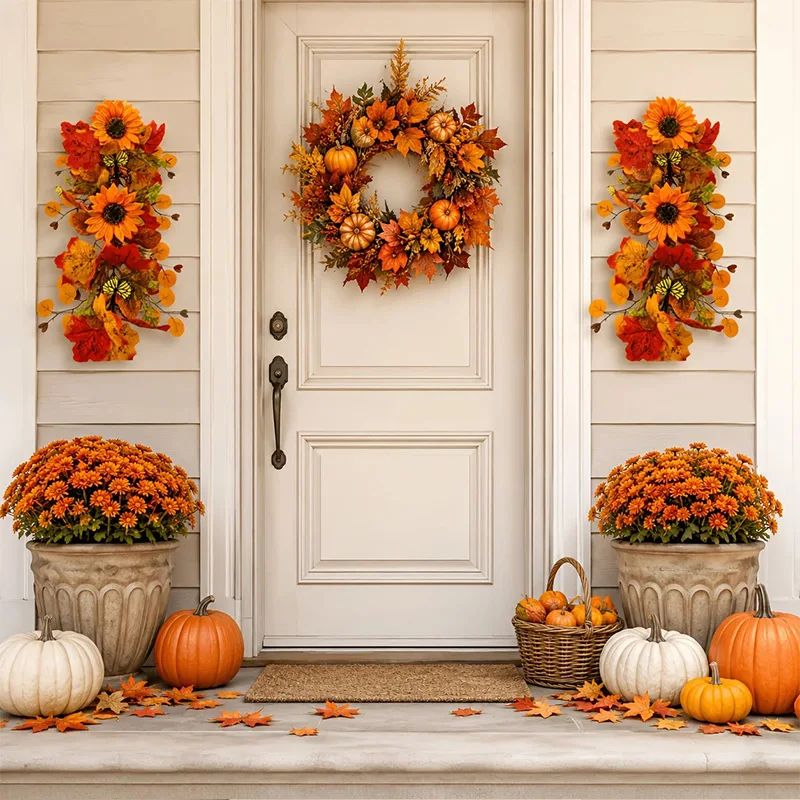 Autumn Hanging Wreath/Vine Wreath for Fall Decor ustic Eucalyptus Leaves Fall Sunflower Teardrop Swag Real Touch UV Resistant