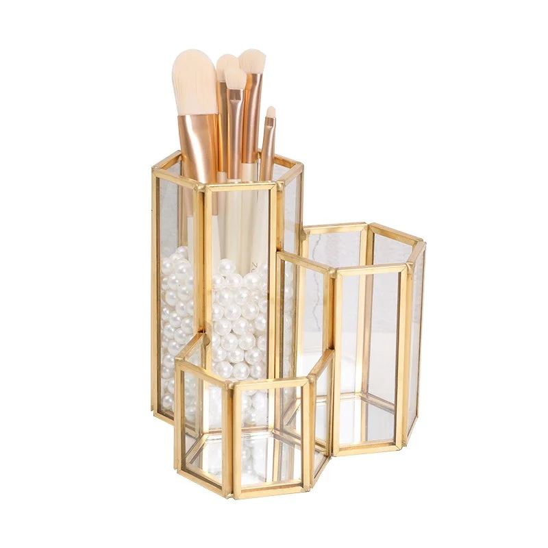 Gold Glass Vanity Organizer Makeup Brush Holder Organizer 3 Tube Copper Vintage Gold Glass Vanity Organizer LBShipping