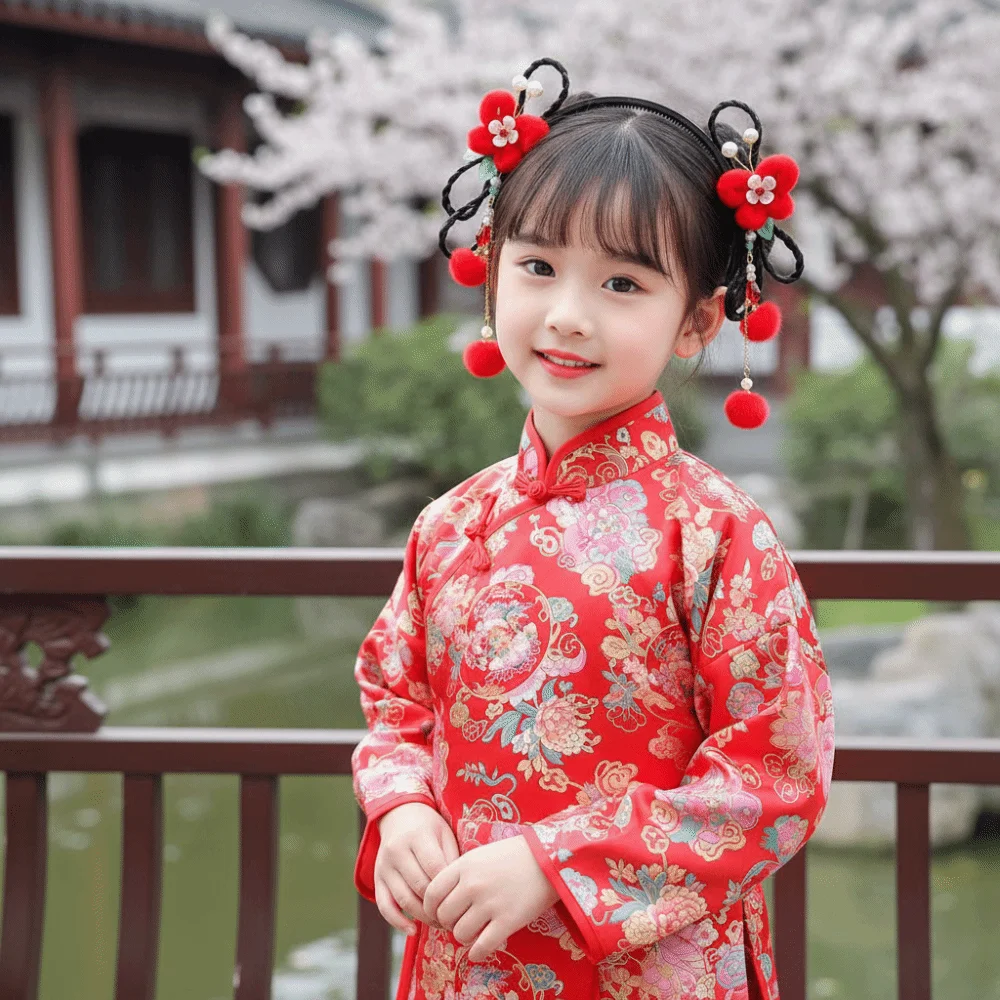 أزهار لطيفة للأطفال شعر مستعار عقال شرابة كوي الأسماك Hanfu أغطية الرأس تانغ دعوى الشعر هوب جديلة الشعر النمط القديم الأحمر هيرباند الفتيات